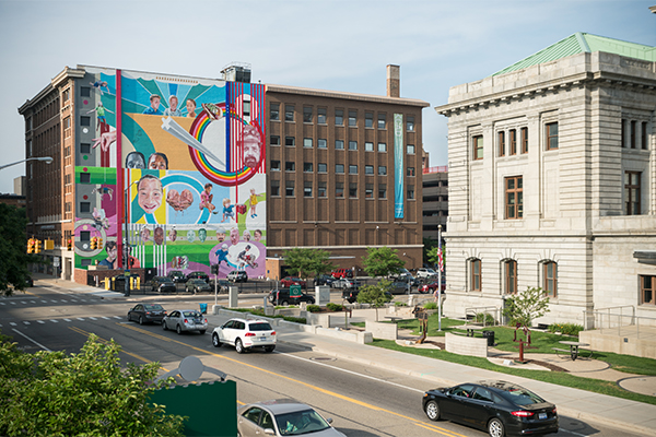 Building with a color mural painted on it