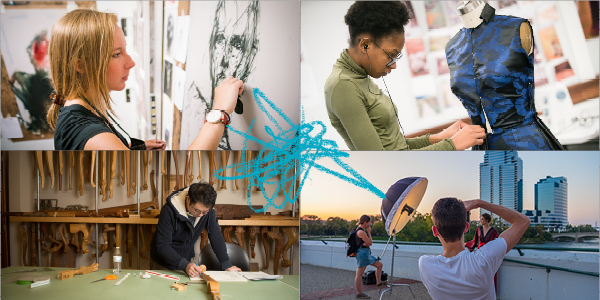 Collage of students working on art and design