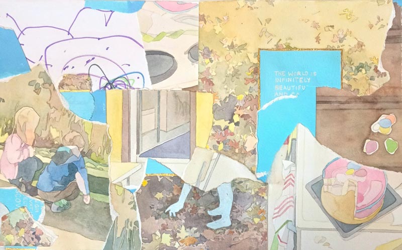 A collage-like painting depicting children playing in a creek, a half-eaten piece of cake, and piles of autumn leaves 