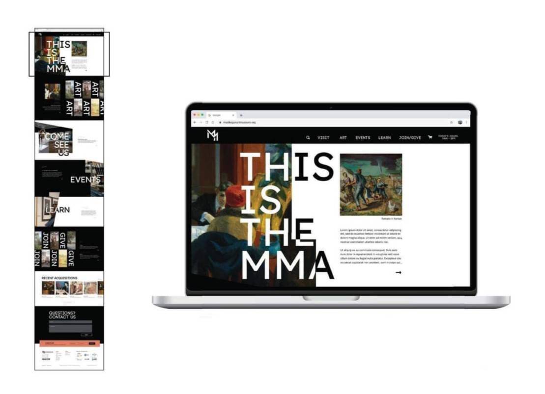 Screenshots of the new Muskegon Museum of Art website show a sleek black and white color scheme and a clean, modern web layout with maximum white space and simplified navigation