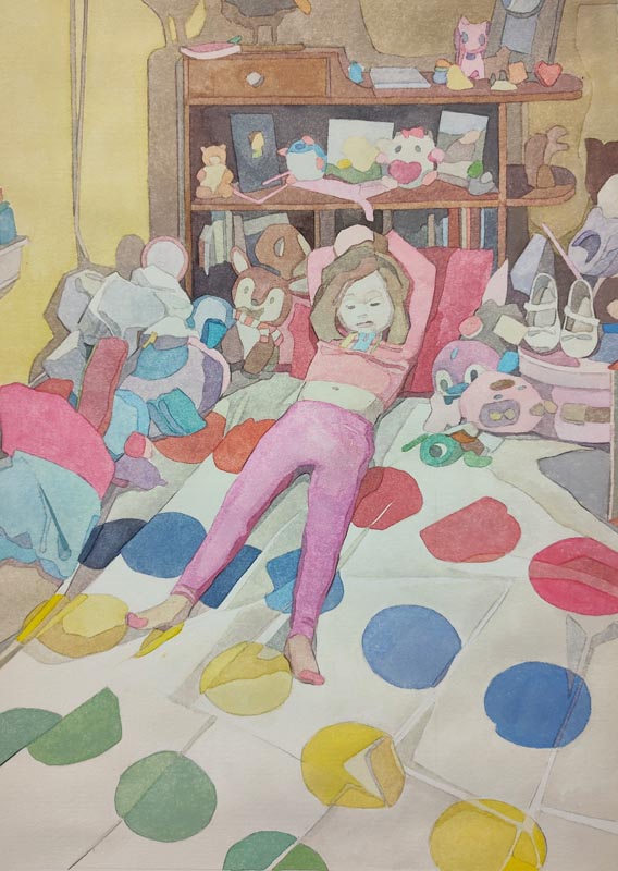 A painting of a young girl in pajamas laying down on a colorful bed spread