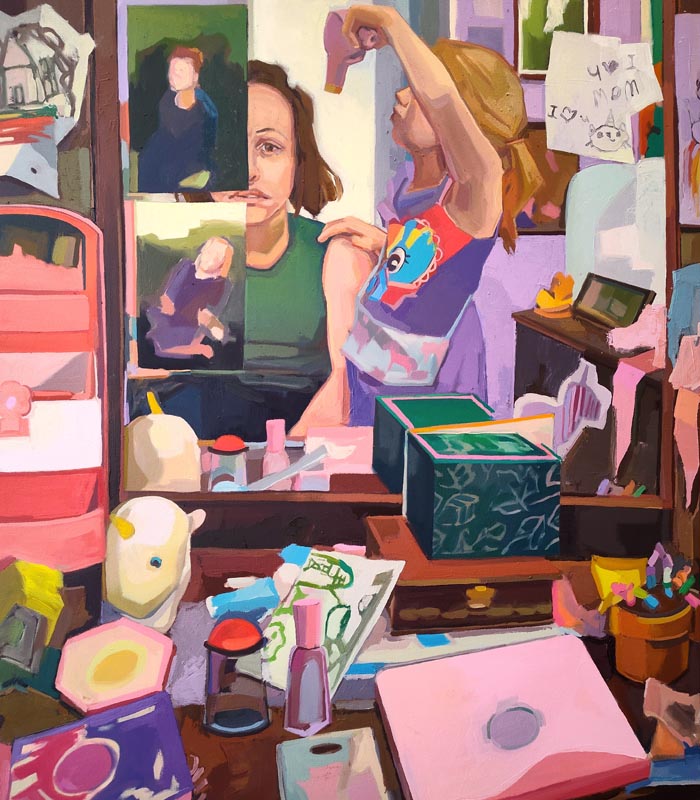 An oil painting of an adult female figure reflected in a mirror covered in stickers and other accessories