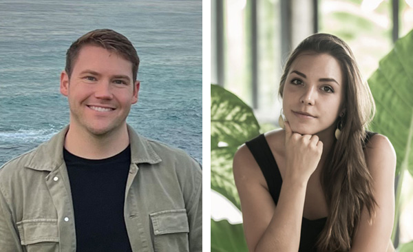 A headhot of a man with short brown hair wearing a long sleeve olive shirt anbd posing in front of a beach, next to him is a headshot of a woman with long brown hair wearing a black dress and posing with her chin in her hands in front of a leafy green plant 