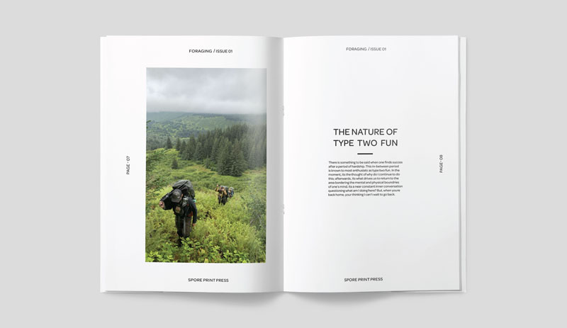 A magazine spread showing people hiking in a grassy mountain area