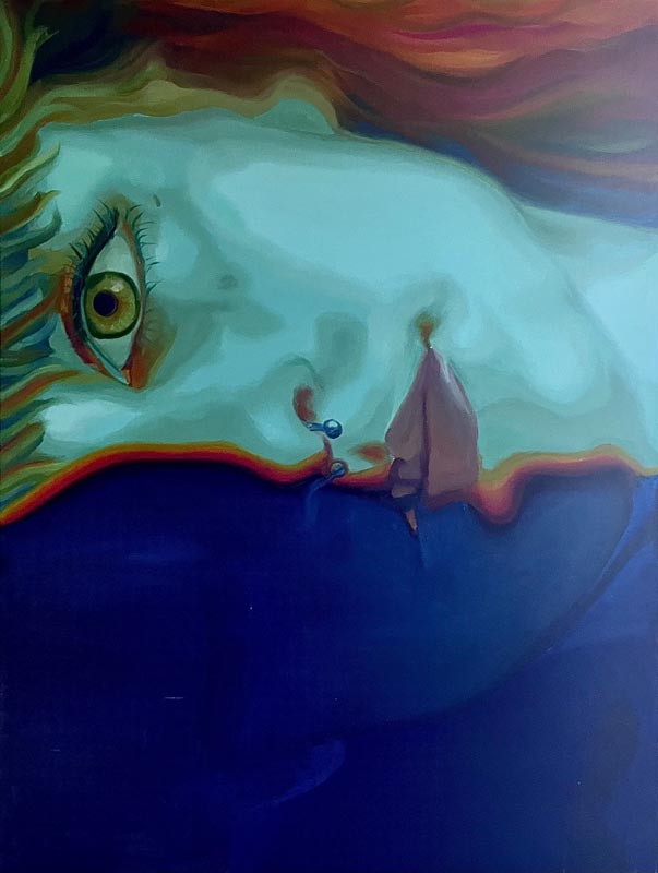 A hyperealistic painting of a woman's face, half of which is shrouded in shadow