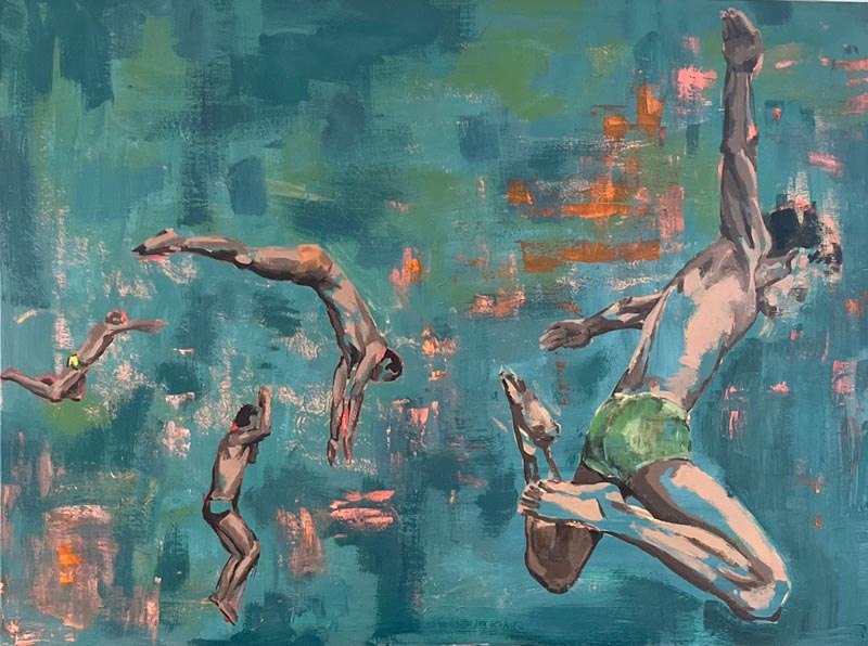 An oil painting of a figure diving into a pool