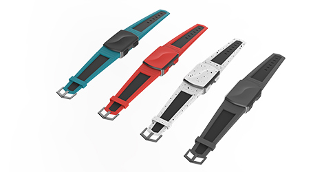 Three brightly colored wrist watches on a white table