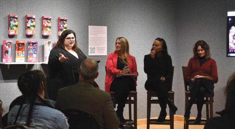 four woman panel of speakers discussing Barbie