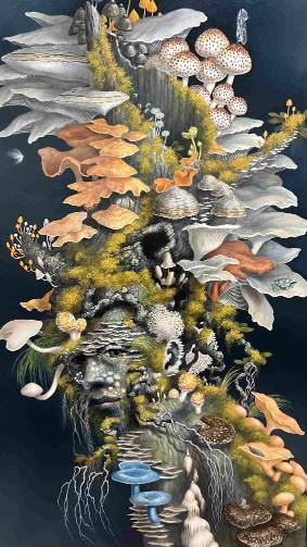 painting of human figure covered in flora and fungi