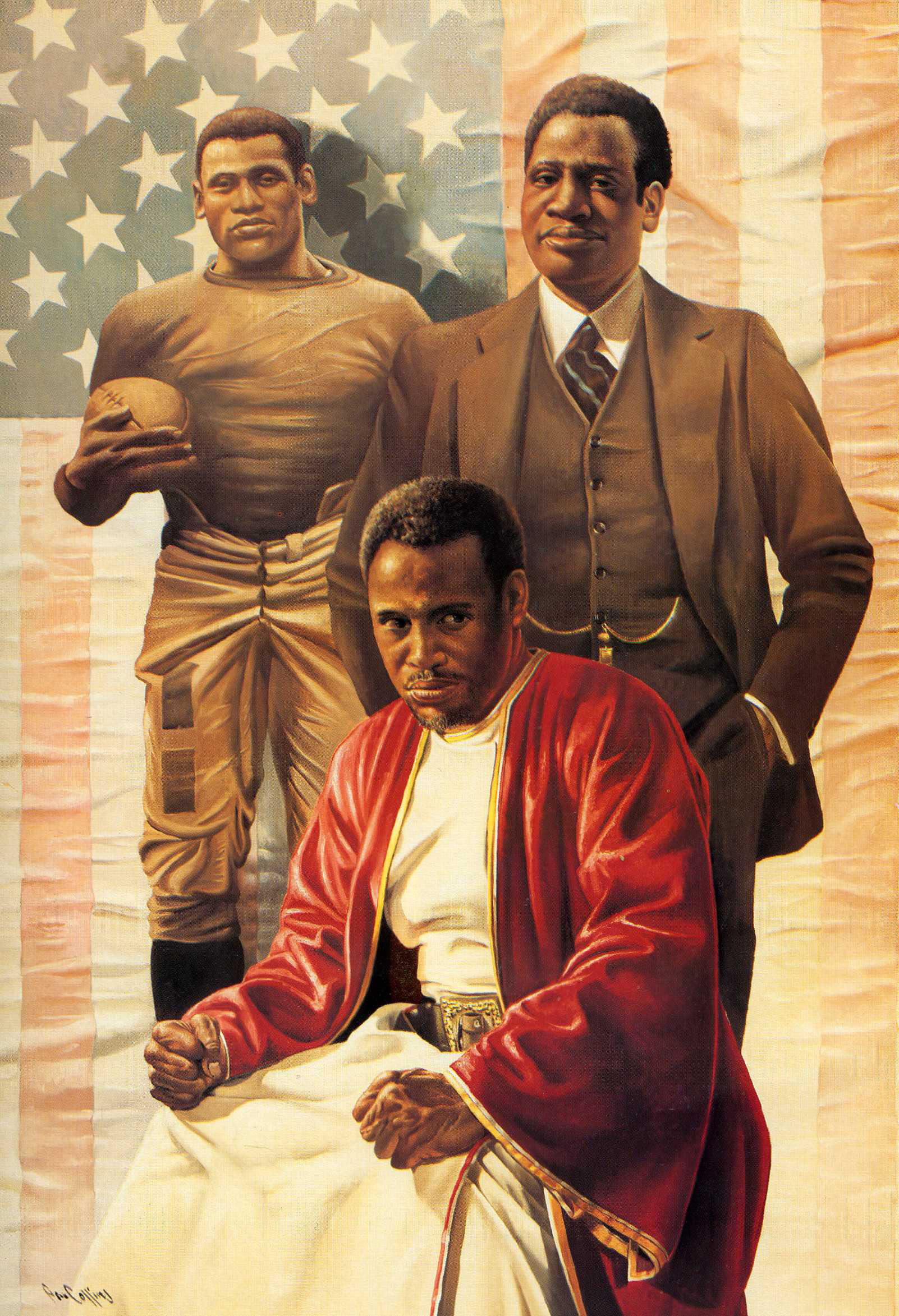 Collins painting of Paul Robeson. triple portrait as actor, athlete, attorney