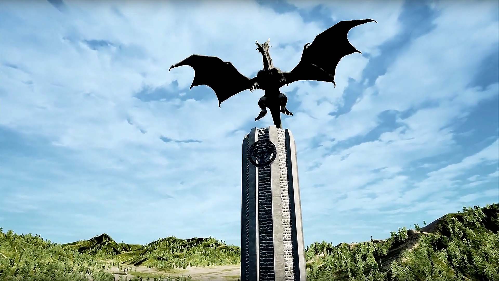 Screen capture of a dragon on a tower in a SDM student production