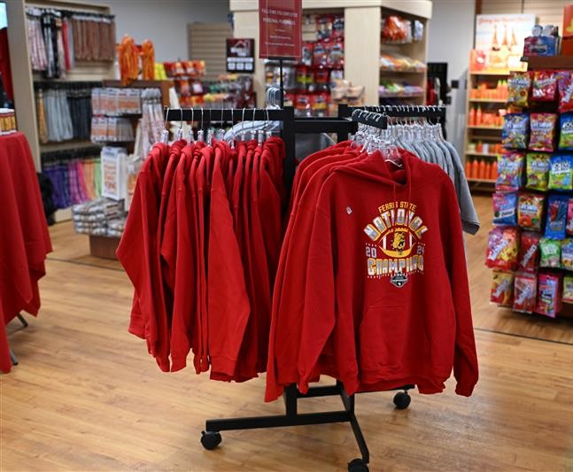 Clothes and other wares for sale in the Ferris Outfitters Campus Store