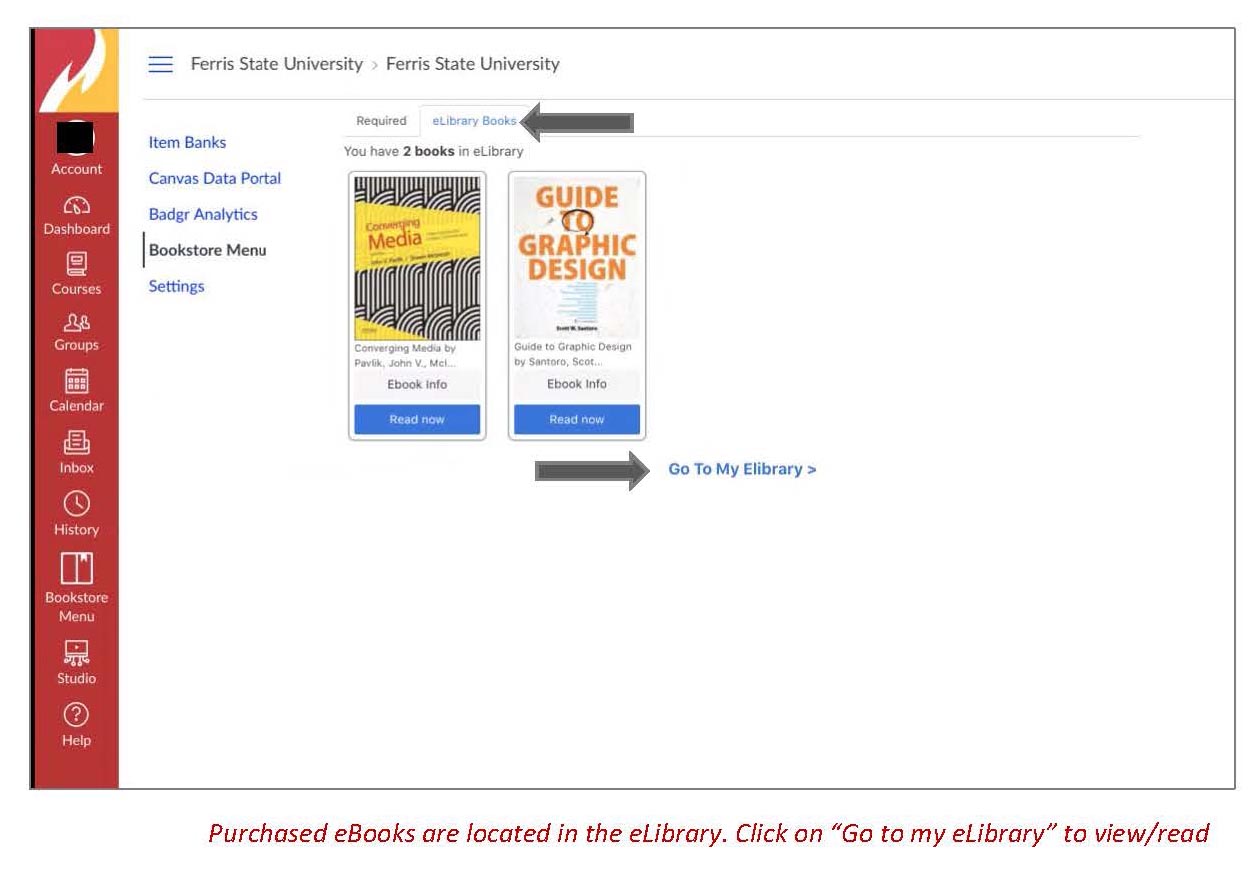 When all required books have been purchased, select the ELibrary Books tab in the Bookstore Menu page.  If the ELibrary Books page shows the purchased books , choosing Go To My ELibrary to view and read the books. 