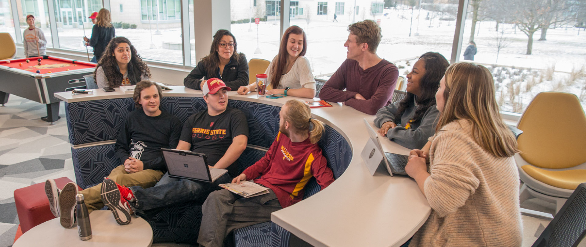 Students having a conversation in North Hall