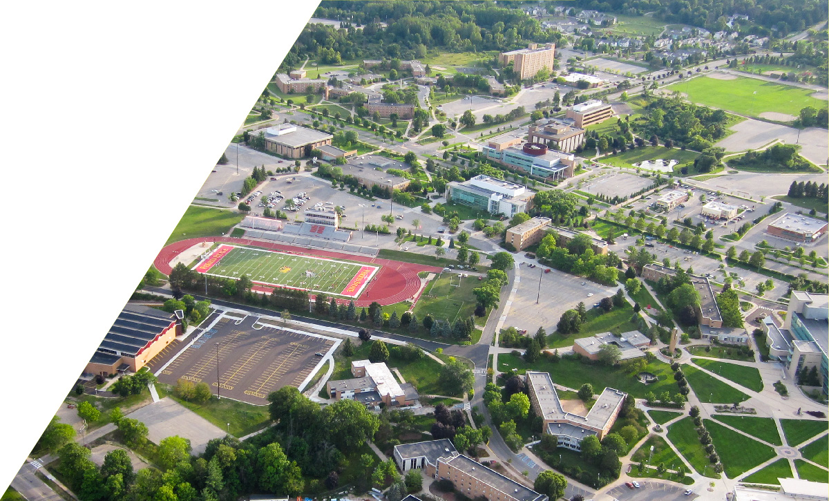 Aerial view of Ferris State University's campus in Big Rapids, MI