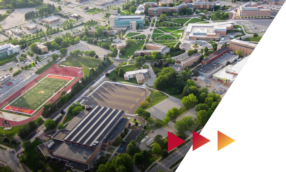 Aerial image of the Ferris State University campus in Big Rapids MI