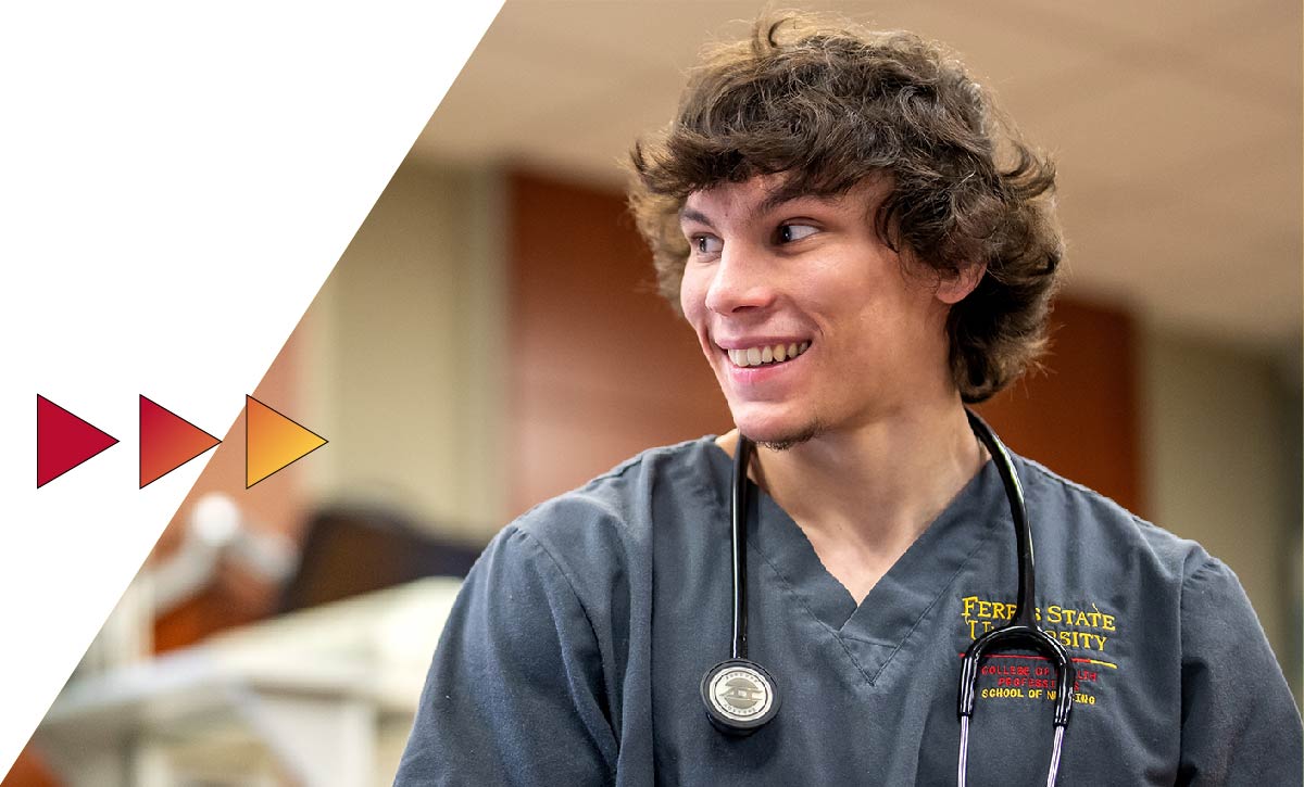 A Ferris State Bulldog student on the campus of Ferris State University in Big Rapids MI