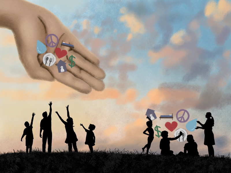 silhouettes of children with a large hand dropping items