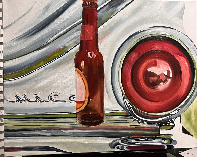 a realistic oil painting of an empty brown glass bottle sitting on a desk next to a red lamp