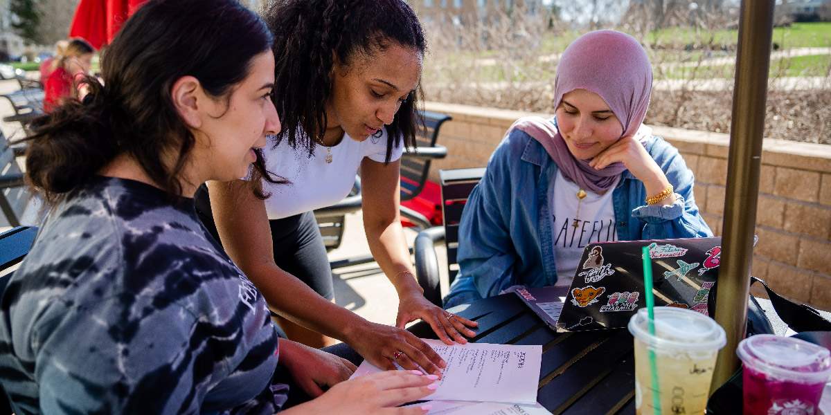 Students working in the quad at Ferris State University