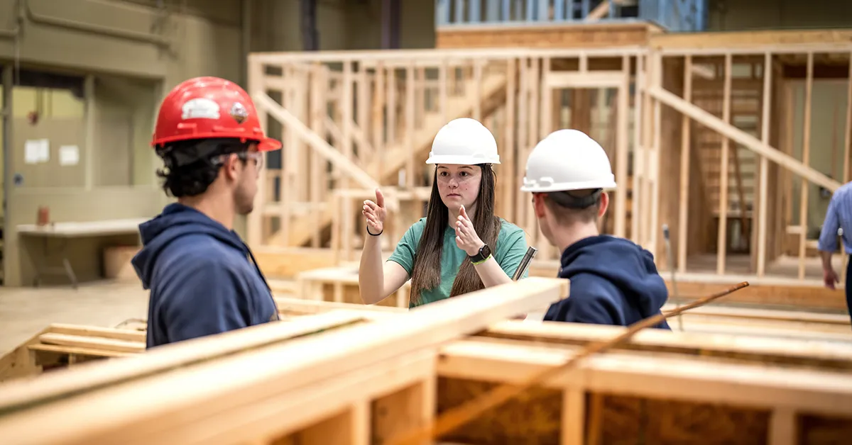 Construction classroom with students working