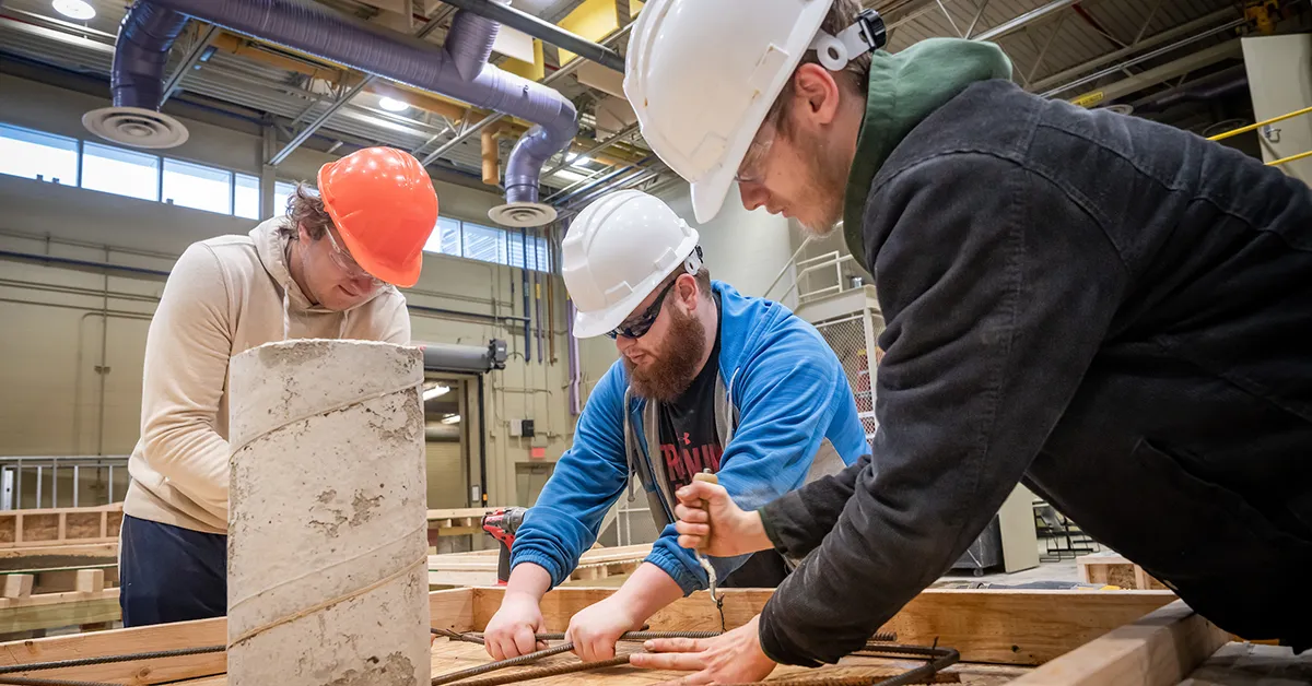 Students working together in the construction lab