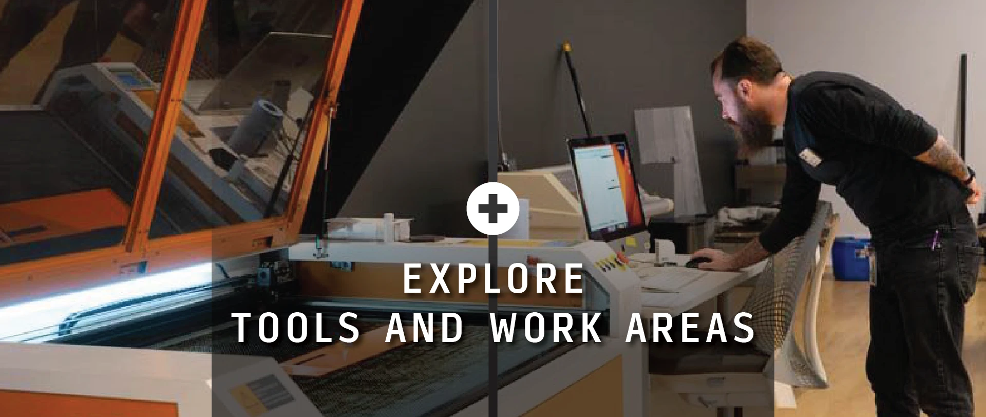 Image of a person working with equipment in the FLEXlab, a text overlay reads "Explore Tools and Work Areas." Clicking this element will open a gallery of tools and work areas in the FLEXlab.