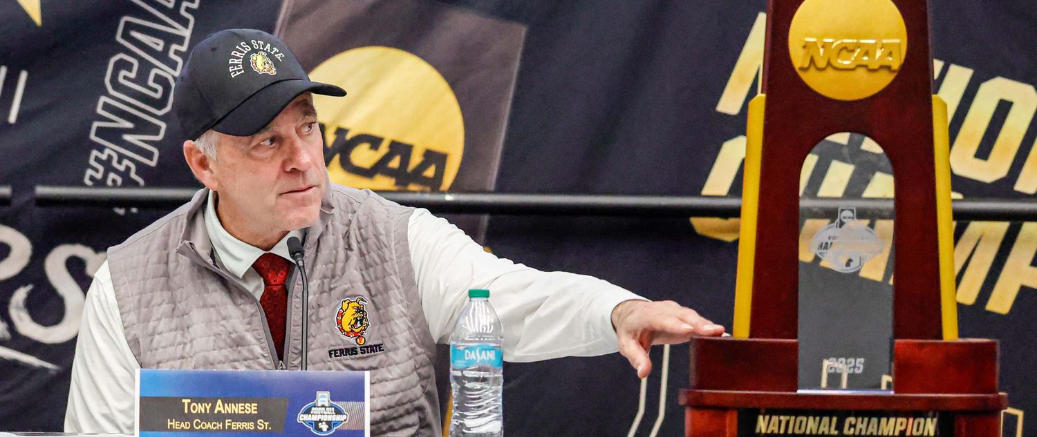 Tony Annese speaking during the postgame press conference after winning the 2025 National Championship