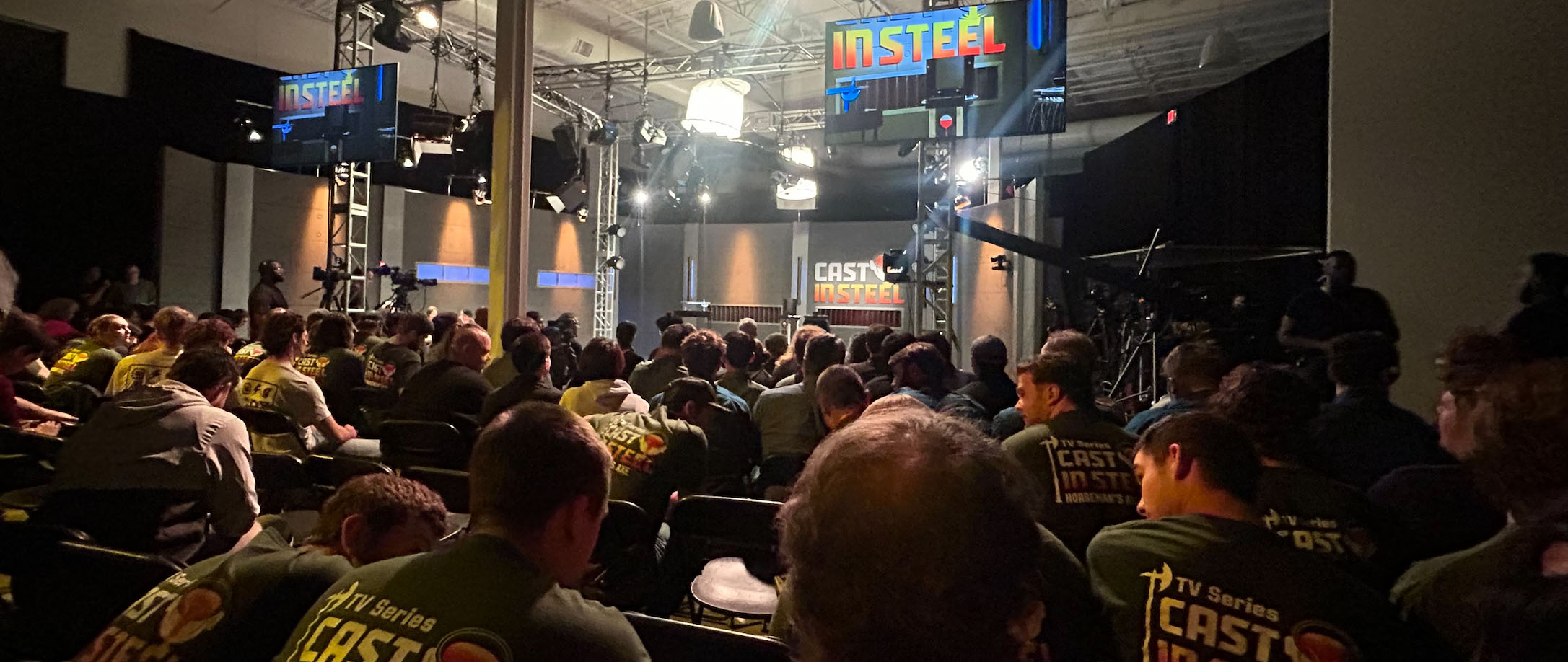 Crew and competitors on the set of Cast in Steel.