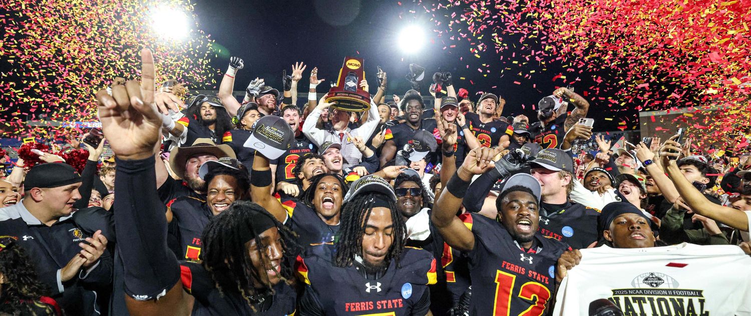 Ferris State football team celebrating the 2025 National Championship victory