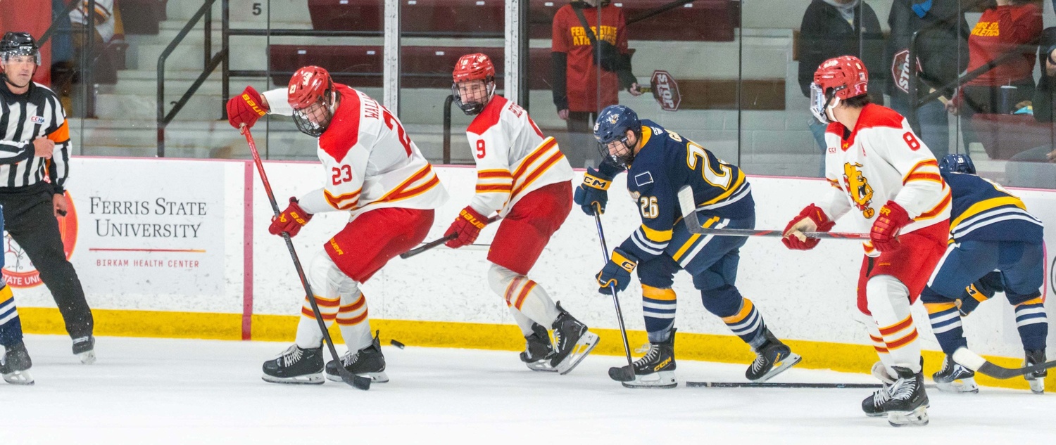 Action shot of Ferris State hockey players