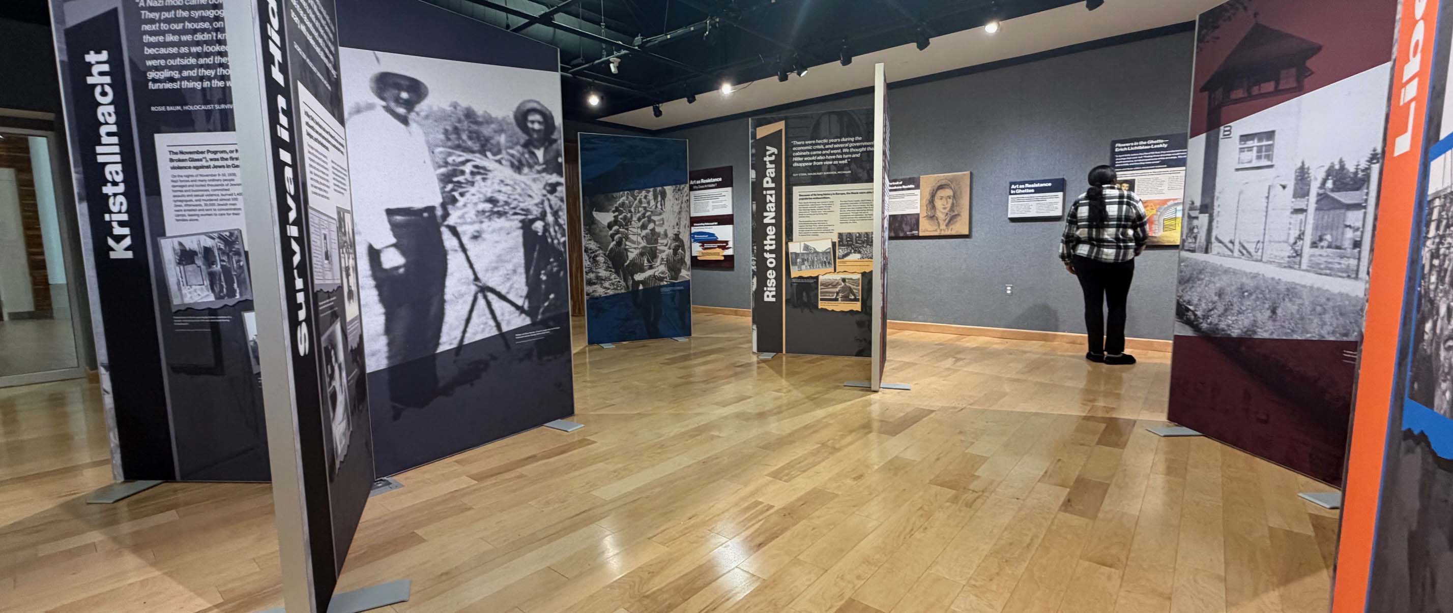 Photo of The Holocaust & Art as Resistance exhibit inside the Ferris Fine Arty Gallery room