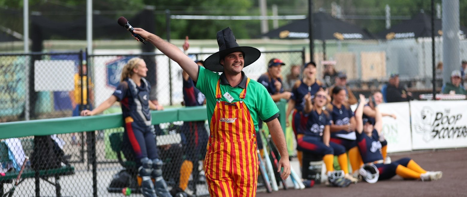 A costumed Jonathen Hart emceeing a Ferris State softball game