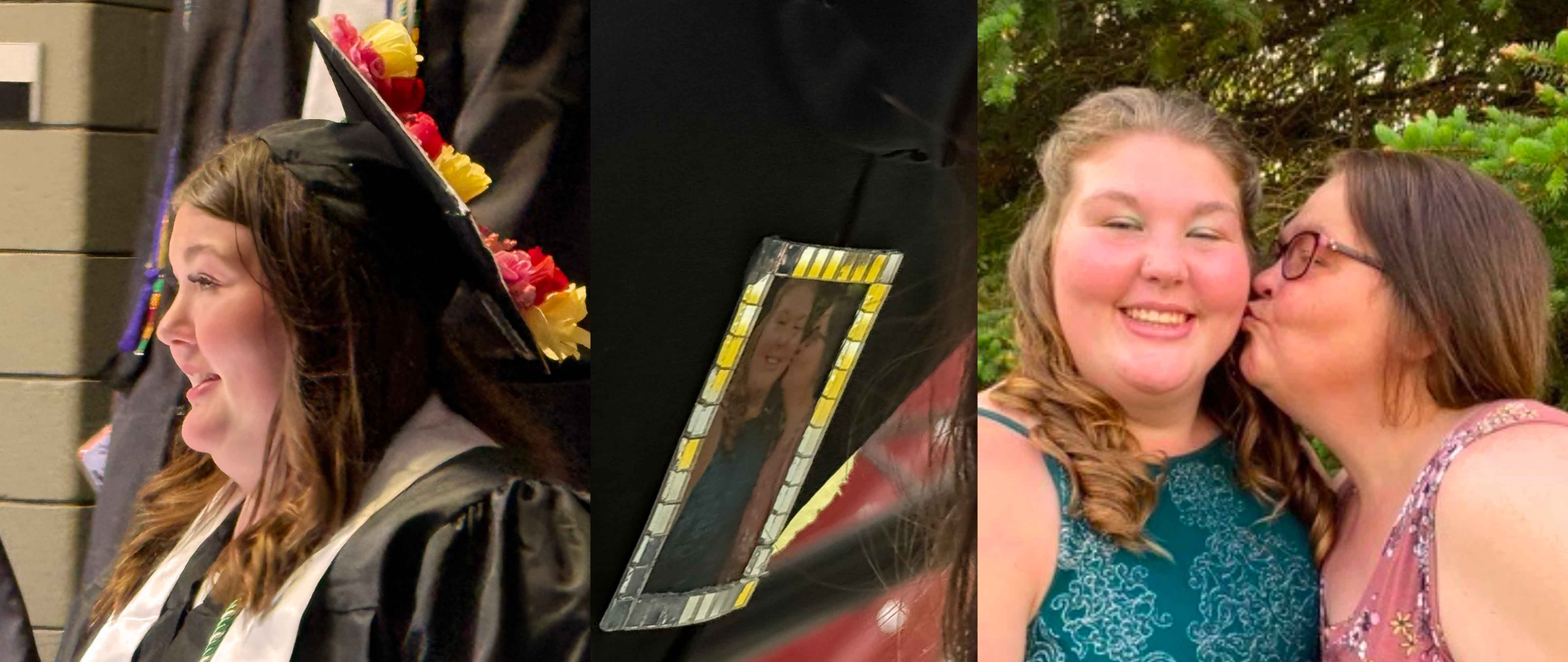 Kyla Jackson on commencement day, the bottom of her mortarboard, and a picture of her and her late mother.
