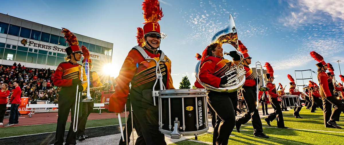 ferris state marching band members on the field