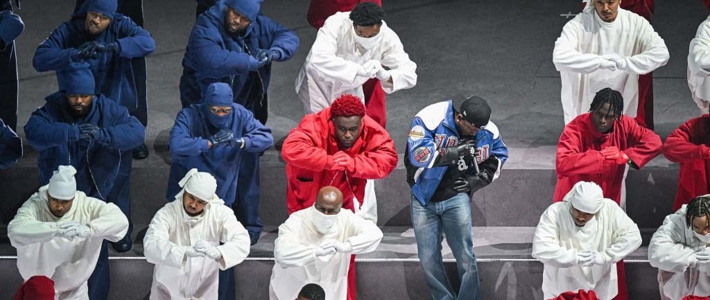 Kit Clark on stage with Kendrick Lamar and other dancers during Super Bowl LIX
