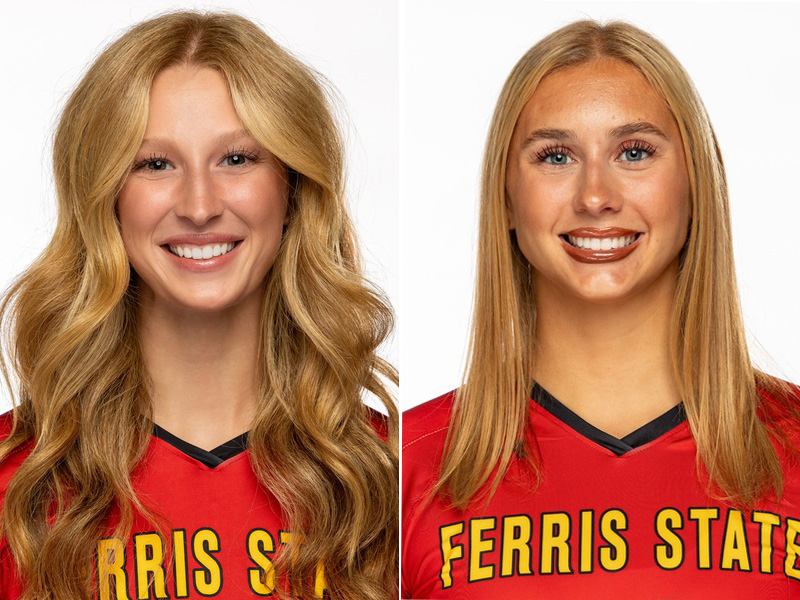 Ferris State volleyball players Emily May and Logyn Green