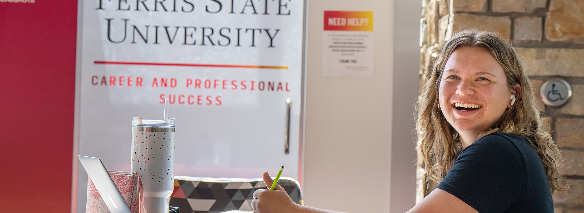 Student in the David L. Eisler Center on the campus of Ferris State University in Big Rapids MI