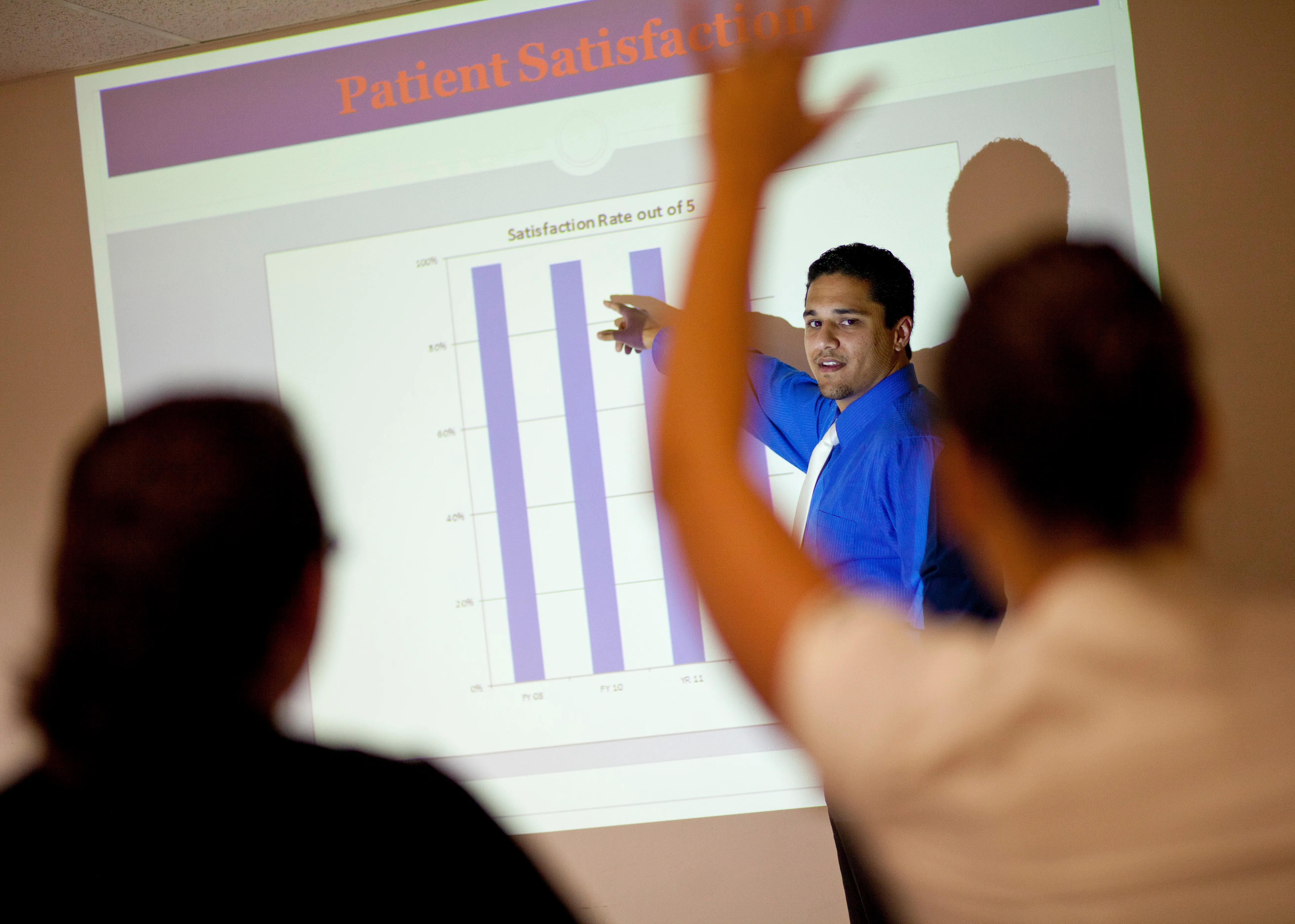 Student in a classroom presenting a powerpoint
