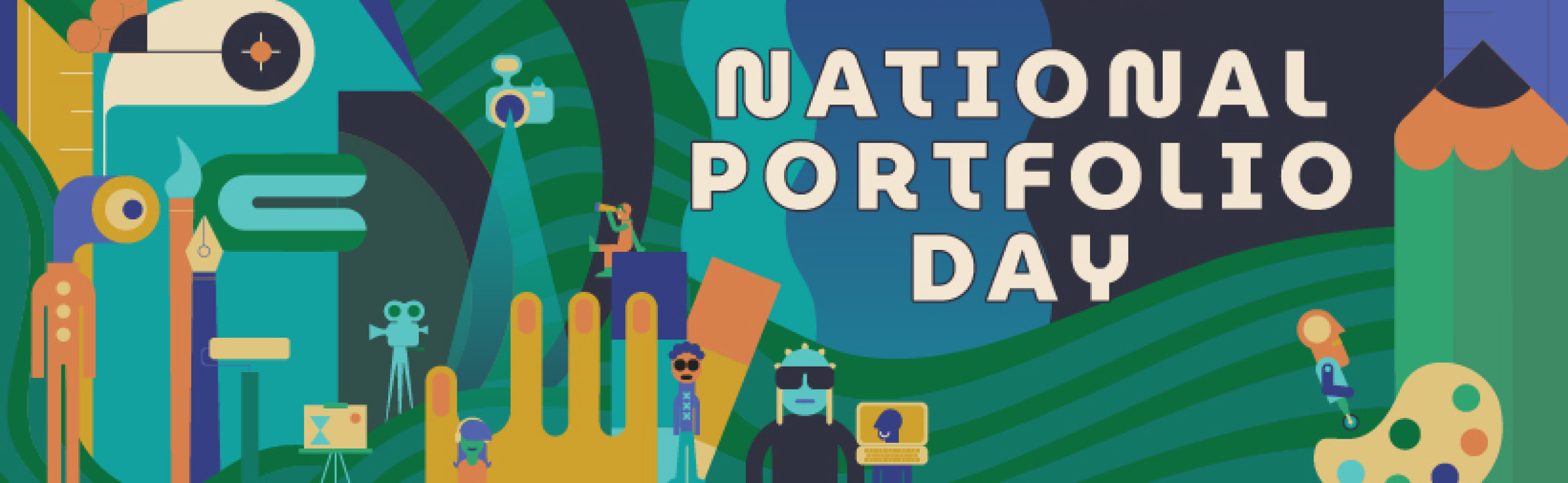 Creative background with cool-toned colors. Text reads, "National Portfolio Day"