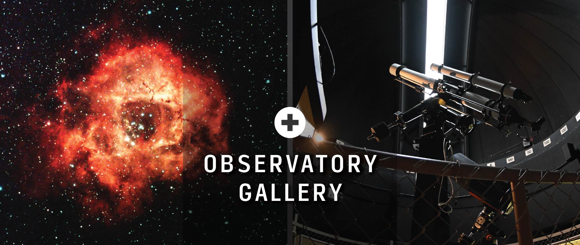Orange and red rosetta nebula next to a telescope in an observatory.