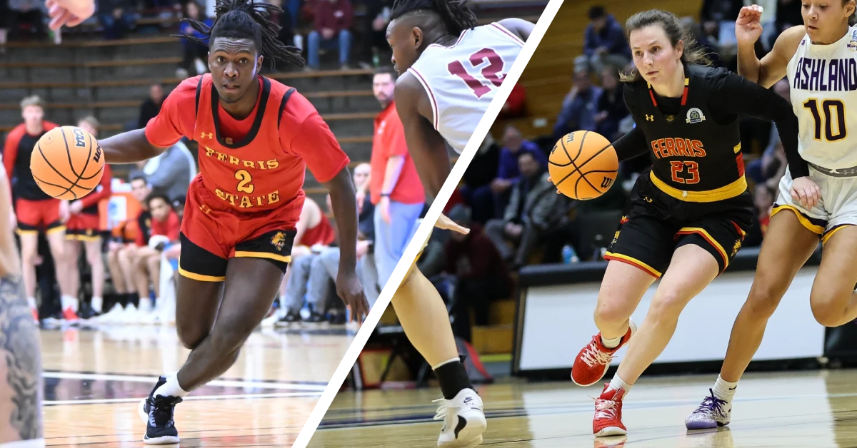 Side by side images of Ferris State women's and men's basketball players competing in the NCAA tournament