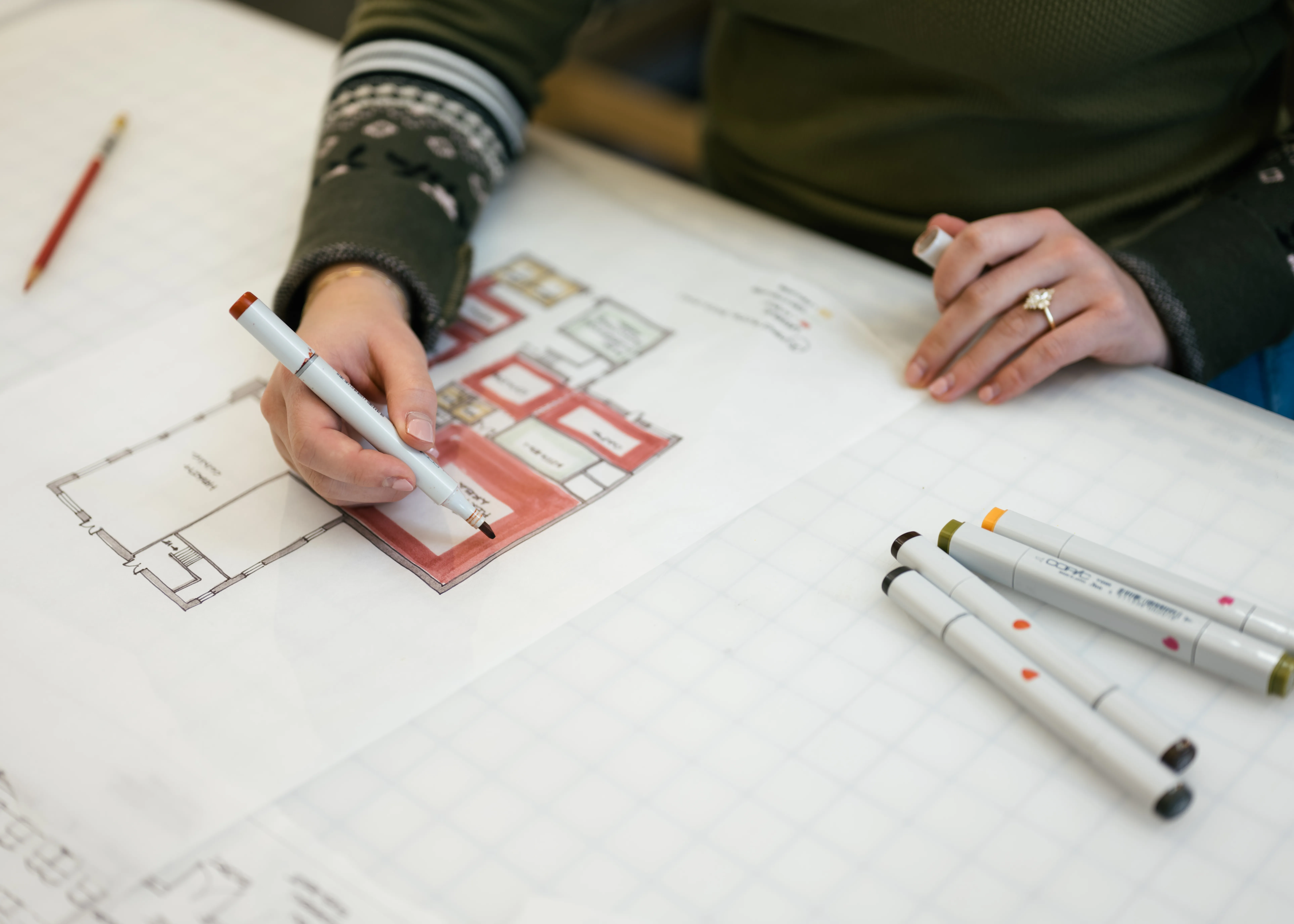 close up of interior design floorplan drawing