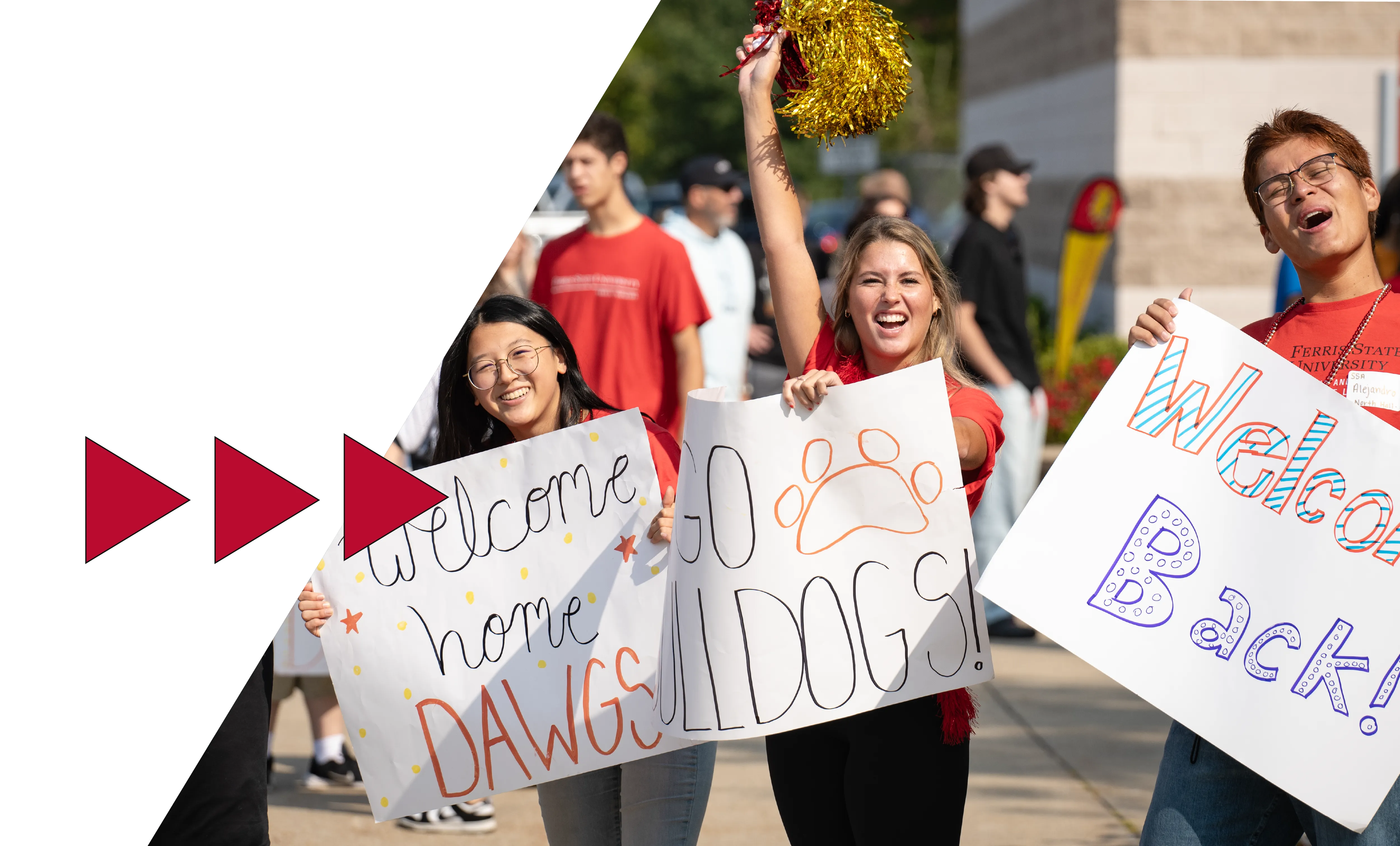 students with welcome back signs