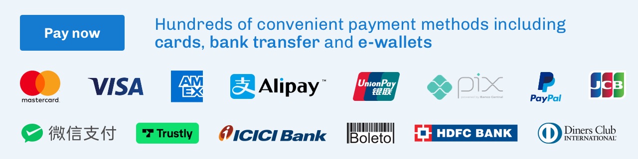 Banner showing a Pay now button and a message: Hundreds of convenient payment methods including cards, bank transfer and e-wallets. Logos of supported payment methods are displayed, including Mastercard, Visa, American Express, Alipay, UnionPay, Pix, PayPal, JCB, WeChat Pay, Trustly, ICICI Bank, Boleto, HDFC Bank, and Diners Club International.