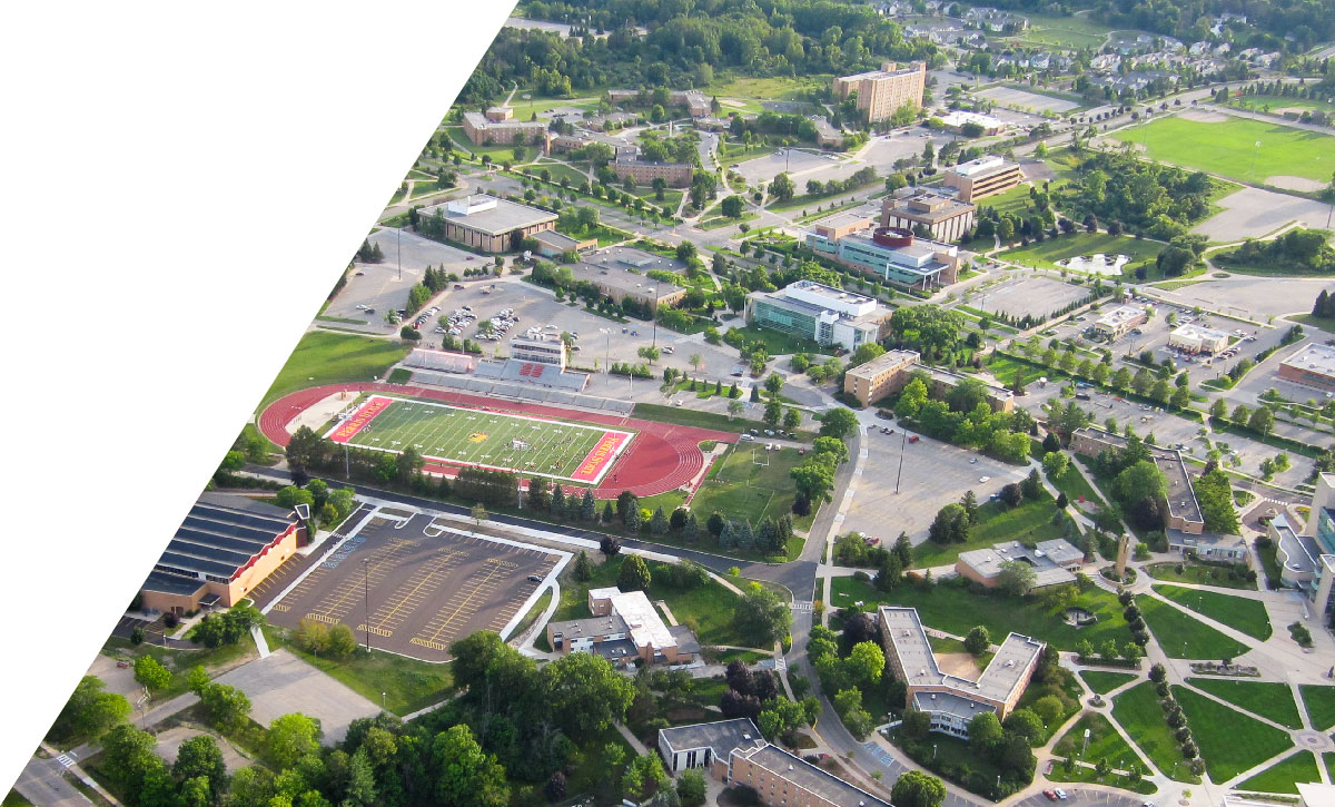 Aerial view of the Ferris State University main campus in Big Rapids, Michigan