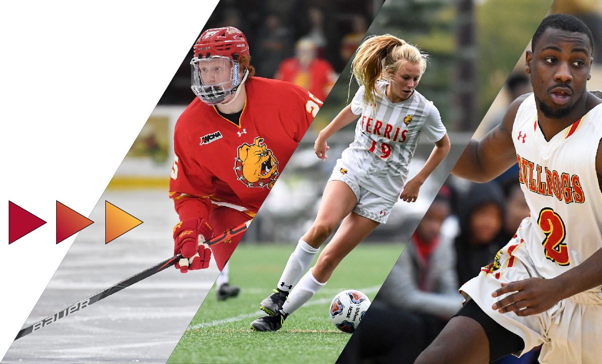 Ferris State University hockey, soccer, and basketball players in action