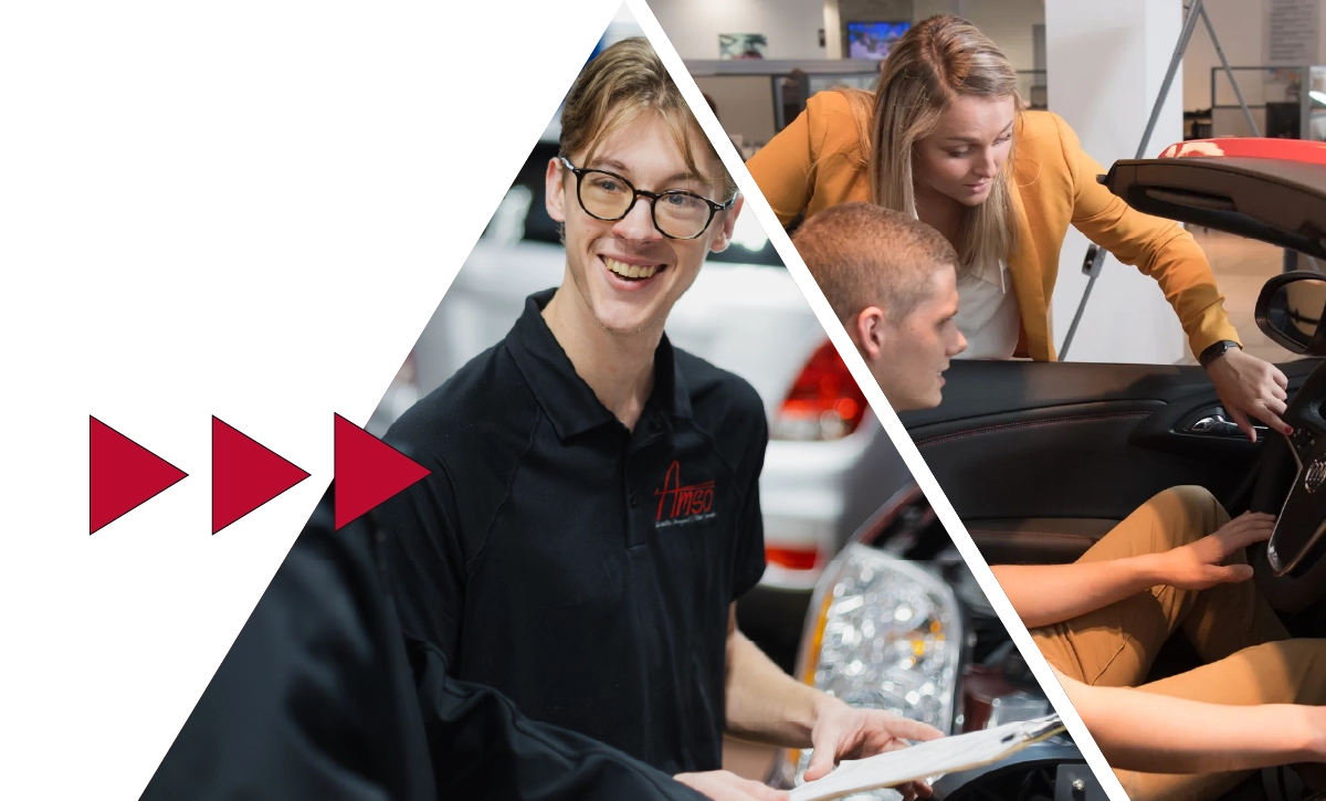 automotive management students in two side-by-side triangle shaped images