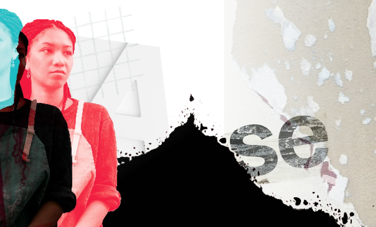 A collage including a student, typographic elements, and torn paper