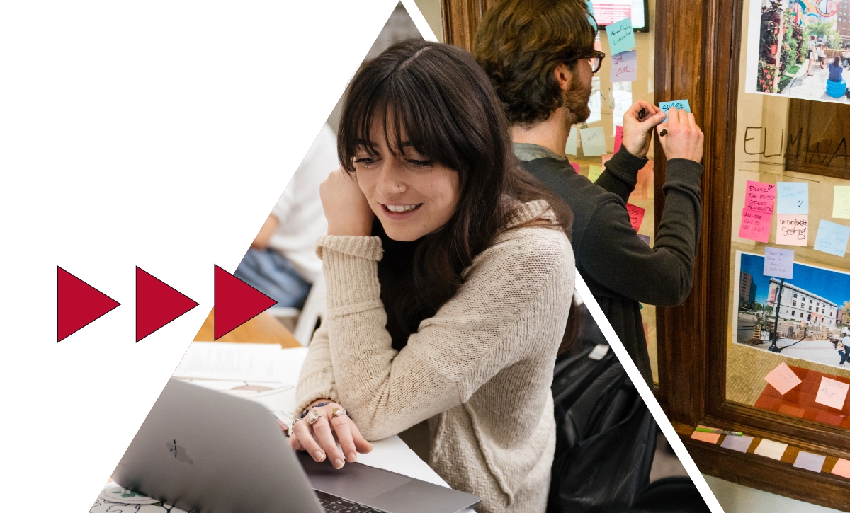 collaborative design students in two side-by-side triangle shaped images